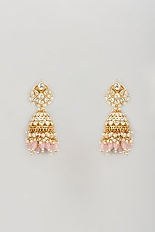 Gold Plated Pearl & Rose Quartz Beaded Jhumka Earrings