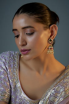 Gold Plated Multi-Colored Jadtar Stone & Pearl Jhumka Earrings