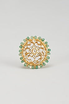 Gold Plated Kundan & Pastel Green Beaded Ring