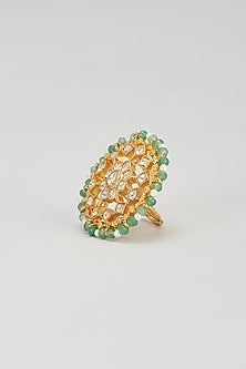 Gold Plated Kundan & Pastel Green Beaded Ring