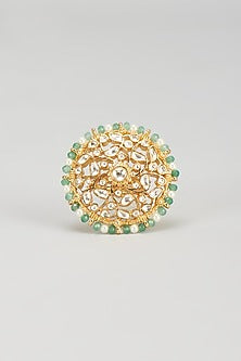 Gold Plated Green & White Jadtar Beaded Ring
