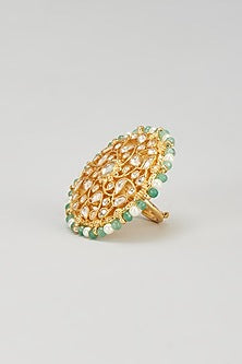 Gold Plated Green & White Jadtar Beaded Ring