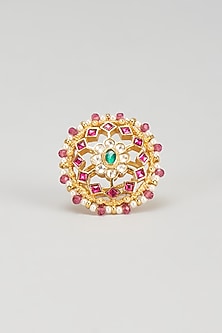 Gold Plated Ruby & White Beaded Ring