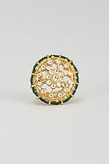 Gold Plated Kundan & Dark Green Beaded Ring