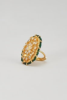 Gold Plated Kundan & Dark Green Beaded Ring
