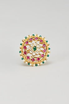 Gold Plated Kundan & Dark Green Beaded Ring