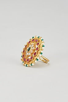 Gold Plated Kundan & Dark Green Beaded Ring