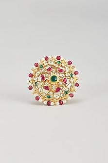 Gold Plated Kundan & Dark Green Beaded Ring