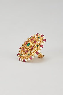Gold Plated Kundan & Dark Green Beaded Ring