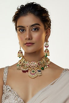 Gold Finish Multi-Colored Jadtar Stone & Drops Choker Necklace Set
