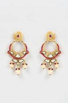 Gold Plated Kundan & Pearl Enameled Chandbali Earrings