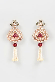 Gold Plated Kundan Polki & Ruby Dangler Earrings
