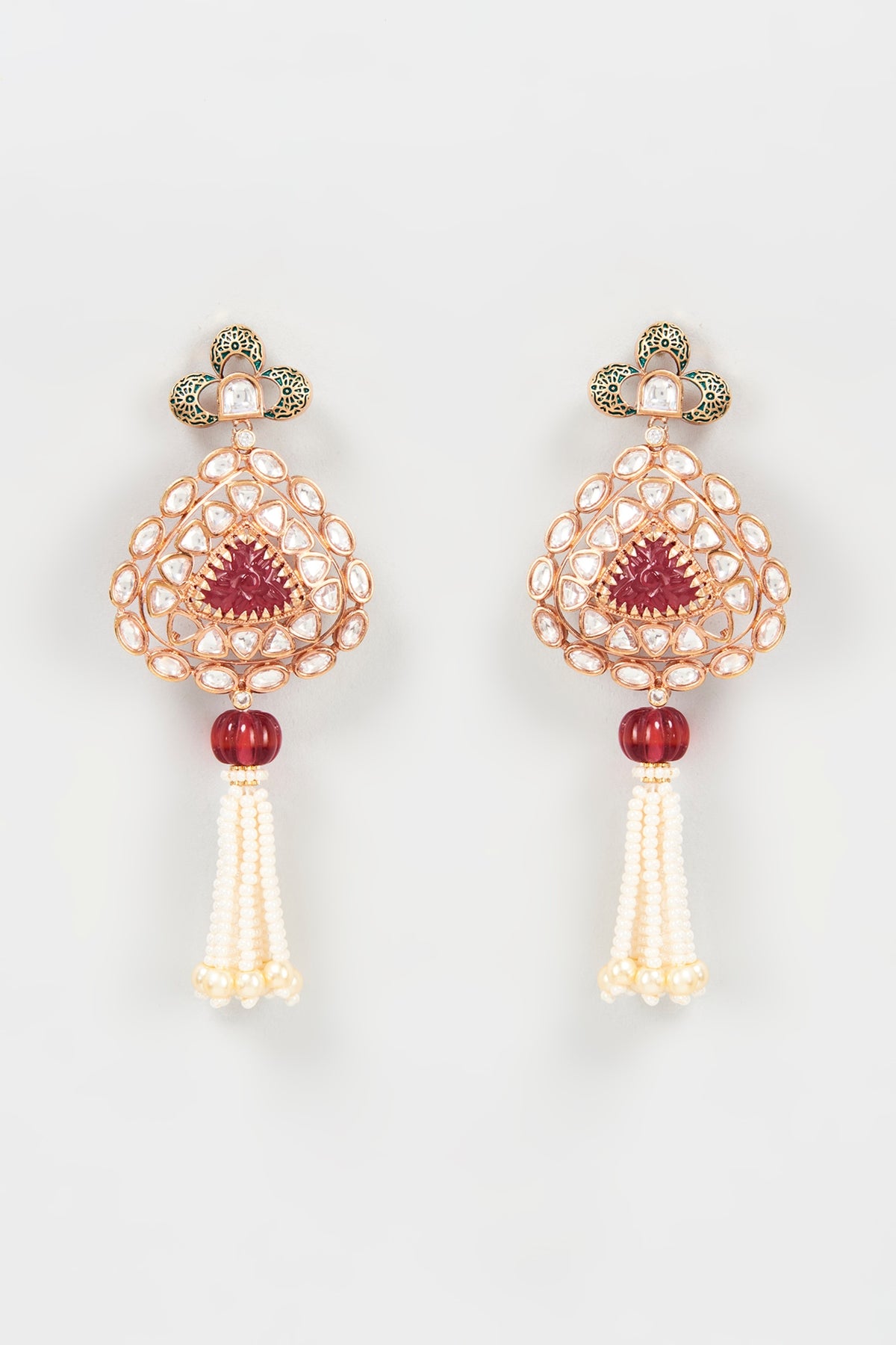 Gold Plated Kundan Polki & Ruby Dangler Earrings