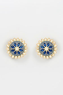Gold Plated Kundan Polki Enameled Stud Earrings