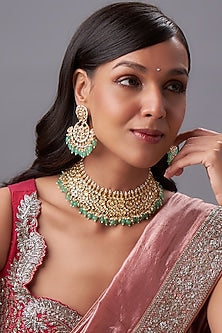 Gold Finish Kundan Polki & White Pearl Choker Necklace Set