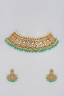 Gold Finish Kundan Polki & White Pearl Choker Necklace Set