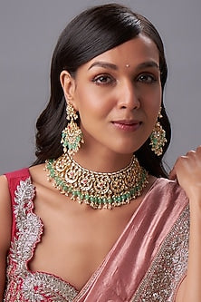 Gold Finish Kundan Polki & White Pearl Choker Necklace Set