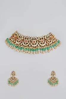 Gold Finish Kundan Polki & White Pearl Choker Necklace Set