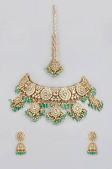 Gold Finish Kundan Polki & White Pearl Choker Necklace Set