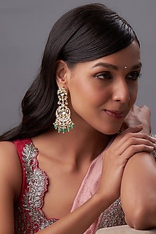 Gold Finish Kundan Polki & White Pearl Dangler Earrings