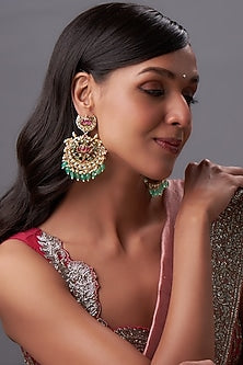 Gold Finish Kundan Polki & White Pearl Chandbaali Earrings