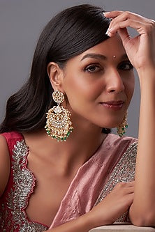 Gold Finish Kundan Polki & White Pearl Chandbaali Earrings