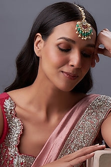 Gold Finish Kundan Polki & White Pearl Maangtikka