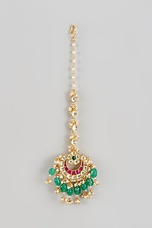 Gold Finish Kundan Polki & White Pearl Maangtikka