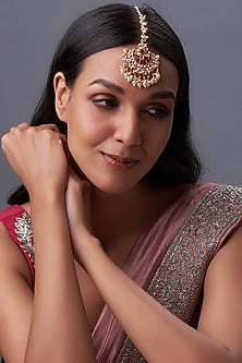 Gold Finish Kundan Polki & White Pearl Maangtikka