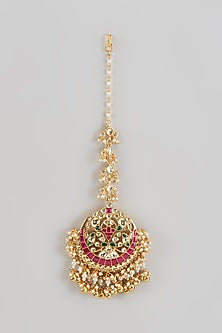 Gold Finish Kundan Polki & White Pearl Maangtikka