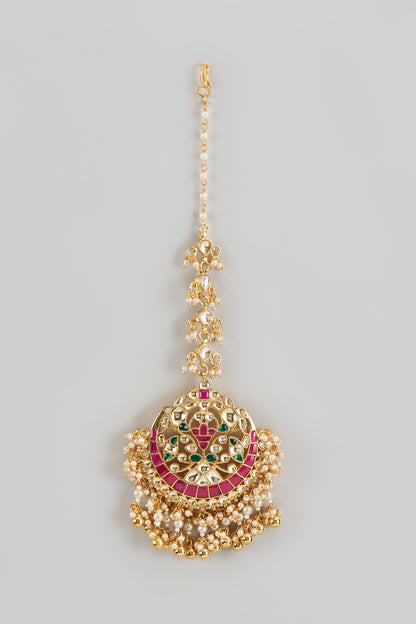 Gold Finish Kundan Polki & White Pearl Maangtikka
