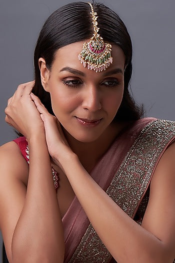 Gold Finish Kundan Polki & White Pearl Maangtikka