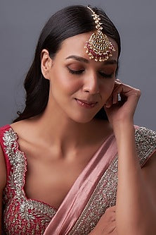 Gold Finish Kundan Polki & Pearl Maangtikka
