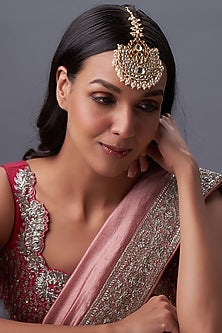 Gold Finish Kundan Polki & White Pearl Maangtikka