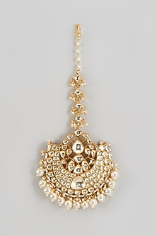 Gold Finish Kundan Polki & White Pearl Maangtikka
