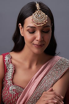Gold Finish Kundan Polki & Pearl Maangtikka