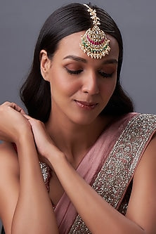 Gold Finish Kundan Polki & Pearl Maangtikka