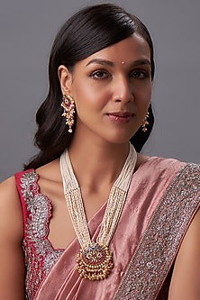 Gold Finish Kundan Polki & Pearl Long Necklace Set