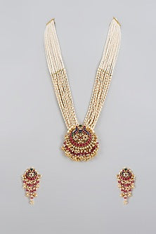 Gold Finish Kundan Polki & Pearl Long Necklace Set
