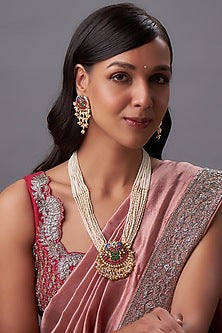 Gold Finish Kundan Polki & Pearl Long Necklace Set