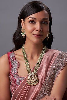 Gold Finish Kundan Polki & Pearl Long Necklace Set