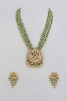 Gold Finish Kundan Polki & Pearl Long Necklace Set