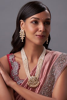 Gold Finish Kundan Polki & Pearl Long Necklace Set