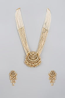 Gold Finish Kundan Polki & Pearl Long Necklace Set