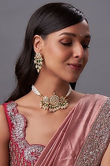 Gold Finish Kundan Polki & Pearl Choker Necklace Set
