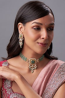 Gold Finish Kundan Polki & Pearl Choker Necklace Set
