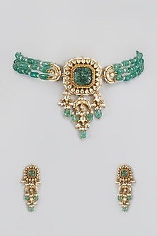 Gold Finish Kundan Polki & Pearl Choker Necklace Set