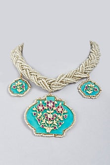Gold Beaded Enameled Choker Pendant Necklace