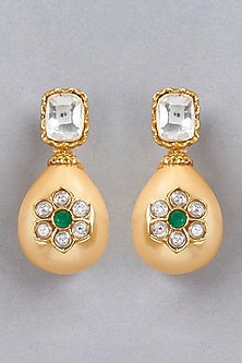 Gold Finish Shell Pearl Drop Dangler Earrings