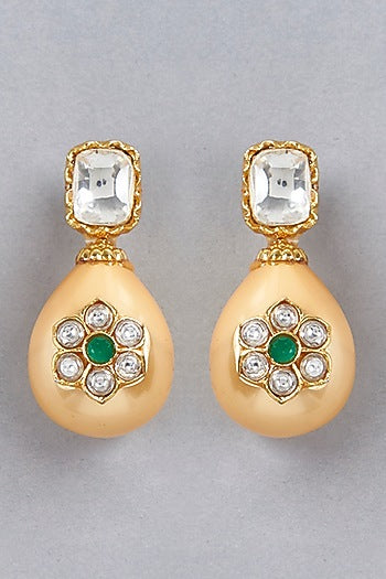 Gold Finish Shell Pearl Drop Dangler Earrings